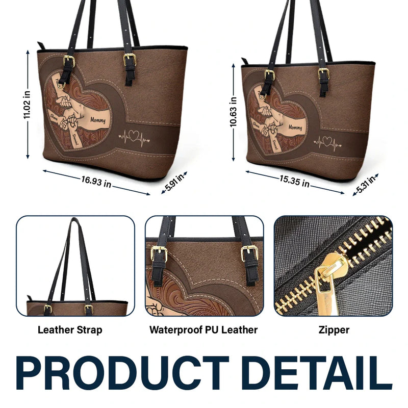 Gift For Grandma,Grandma,Grandkids - Leather Holding Hands Icon Mom Grandma & Kids - Personalized Leather Tote Bag

