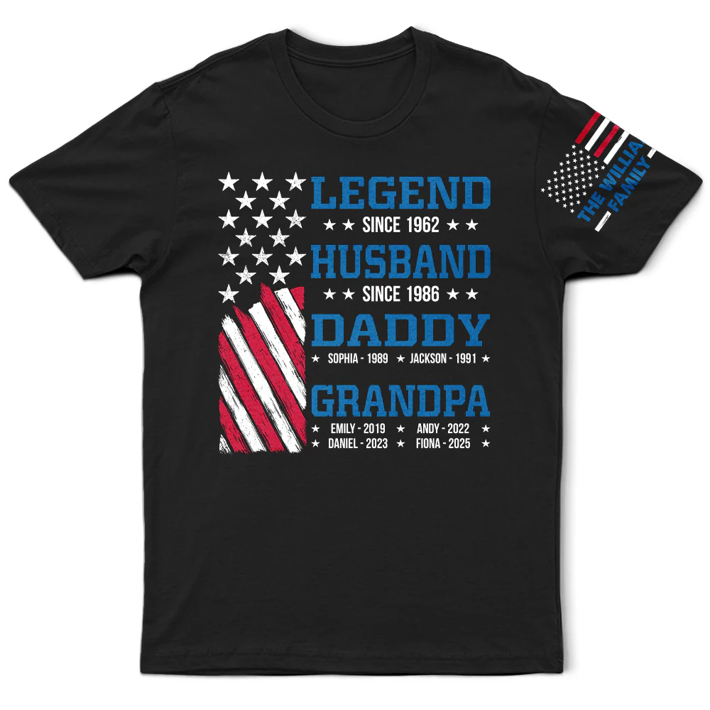 Gift For Father, Gift For Grandpa, Funny - Legend Husband Dad Papa Stars And Stripes Flag Kid Name - Personalized T Shirt