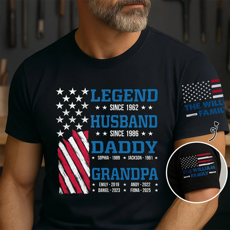 Gift For Father, Gift For Grandpa, Funny - Legend Husband Dad Papa Stars And Stripes Flag Kid Name - Personalized T Shirt