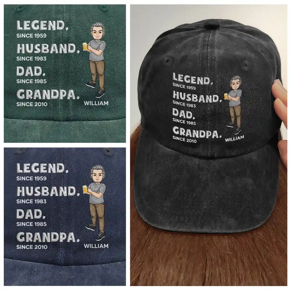 Gift For Father,Gift For Grandpa,Happy - Legend Husband Daddy Embroidery Effect - Personalized Vintage Washed Denim Cap