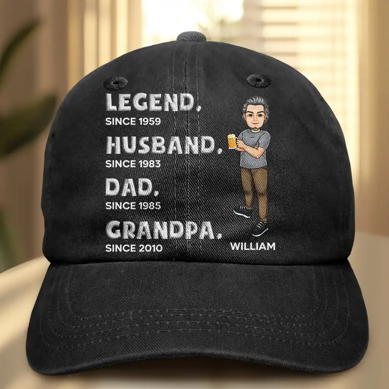 Gift For Father,Gift For Grandpa,Happy - Legend Husband Daddy Embroidery Effect - Personalized Vintage Washed Denim Cap
