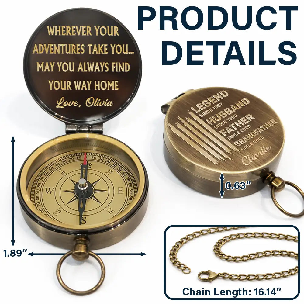 Gift For Husband,Gift For Men,Gift For Grandpa,Gift For Father,Gift For Brothers,Happy,Proud - Legend Husband Daddy Grandpa - Personalized Engraved Brass Compass