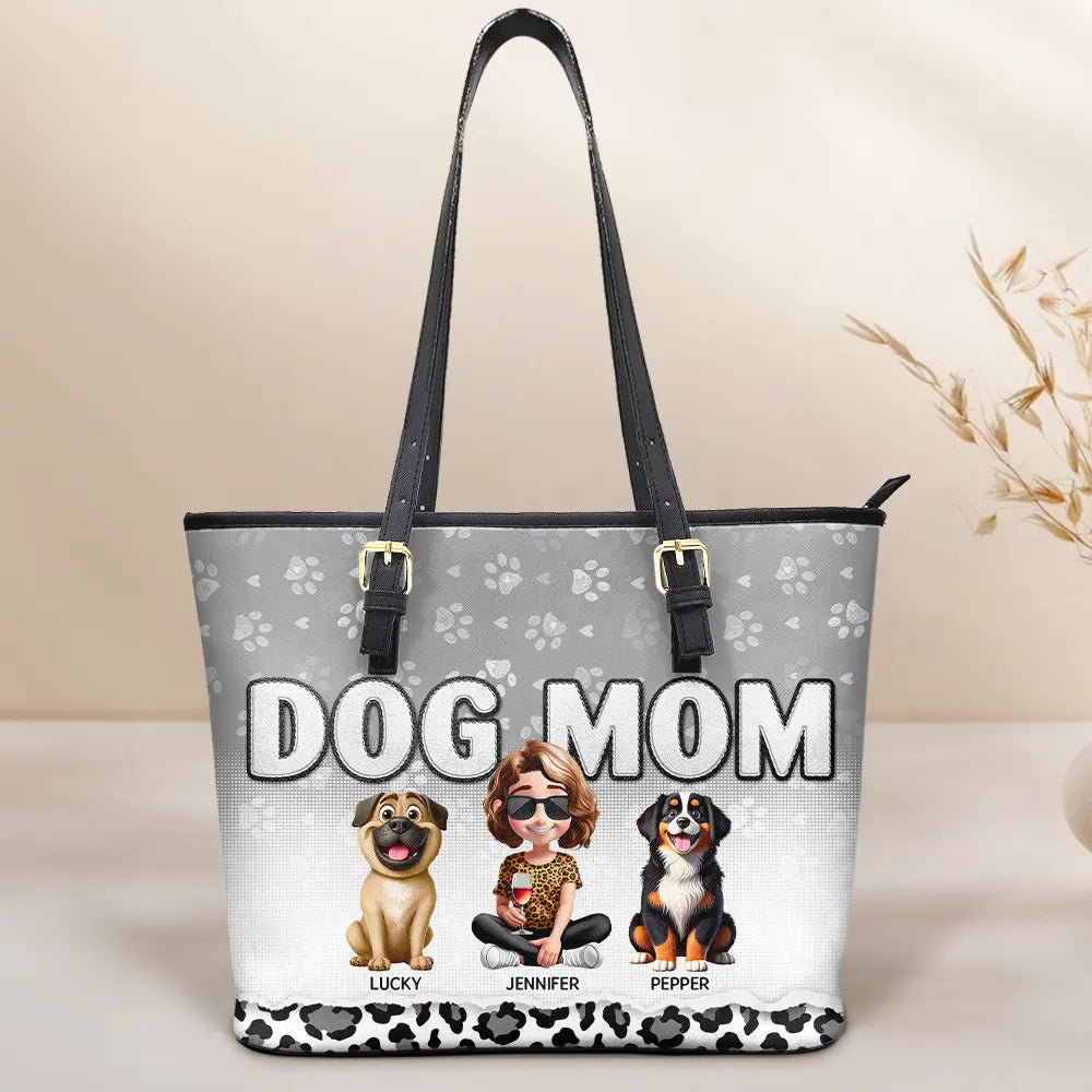 Gift For Women, Dog Lovers, Dog Mom, Pet Lovers, Pet Mom, Love - Leopard Dog Mom - Personalized Leather Tote Bag