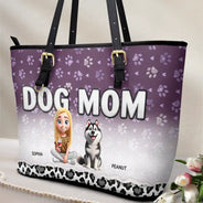 Gift For Women, Dog Lovers, Dog Mom, Pet Lovers, Pet Mom, Love - Leopard Dog Mom - Personalized Leather Tote Bag