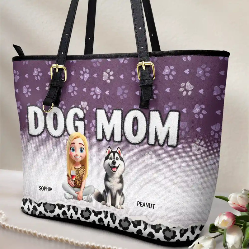 Gift For Women, Dog Lovers, Dog Mom, Pet Lovers, Pet Mom, Love - Leopard Dog Mom - Personalized Leather Tote Bag