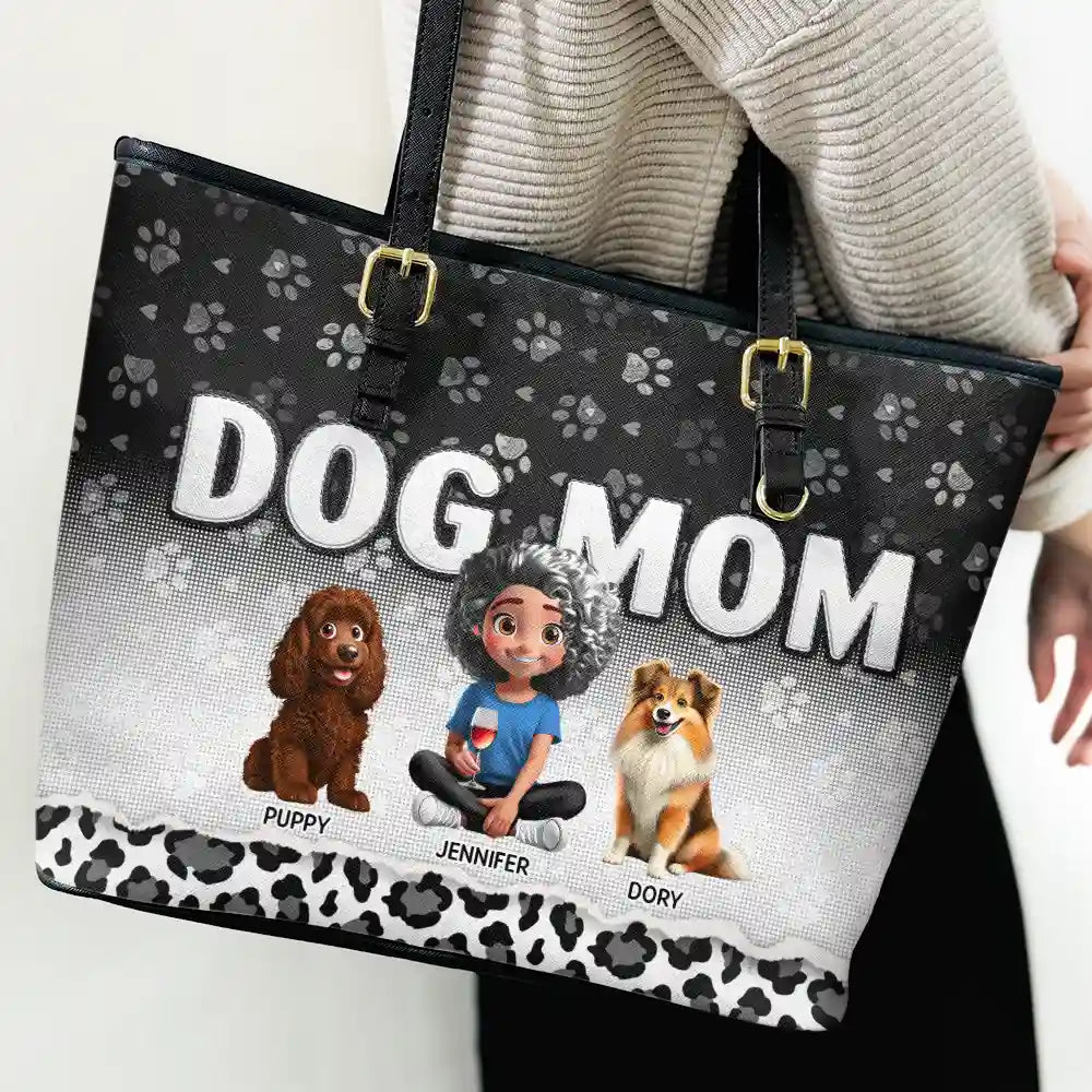 Gift For Women, Dog Lovers, Dog Mom, Pet Lovers, Pet Mom, Love - Leopard Dog Mom - Personalized Leather Tote Bag