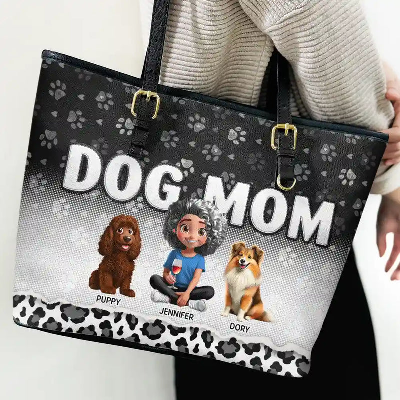 Gift For Women, Dog Lovers, Dog Mom, Pet Lovers, Pet Mom, Love - Leopard Dog Mom - Personalized Leather Tote Bag