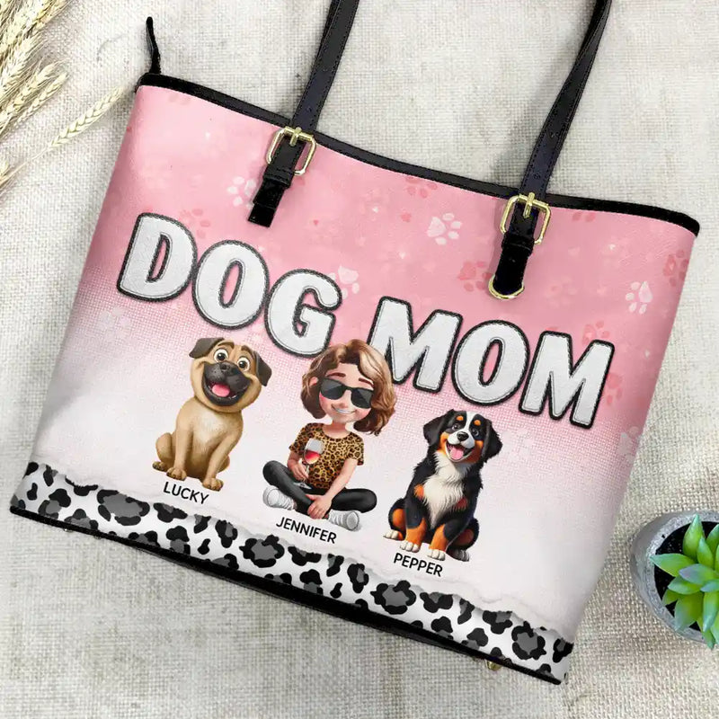 Gift For Women, Dog Lovers, Dog Mom, Pet Lovers, Pet Mom, Love - Leopard Dog Mom - Personalized Leather Tote Bag
