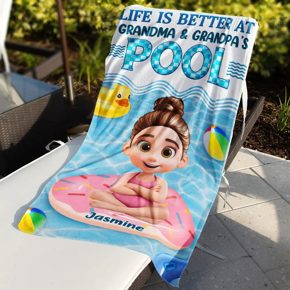 Gift For Grandkids, Gift For Kids, Poolside, Happy, Summer - Life Is Better At Grandma And Grandpa's Pool - Personalized Beach Towel