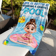 Gift For Grandkids, Gift For Kids, Poolside, Happy, Summer - Life Is Better At Grandma And Grandpa's Pool - Personalized Beach Towel