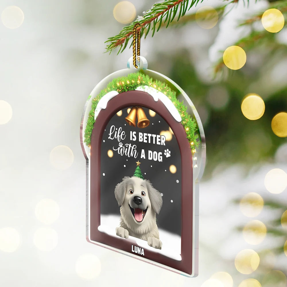 Christmas, Dog Dad, Dog Mom, Dog Lovers, Dog Couple, Happy - Life Is Better With A Dog - Personalized Custom Shaped Acrylic Ornament