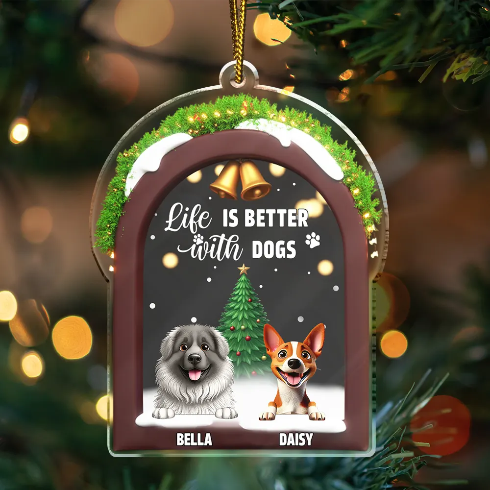 Christmas, Dog Dad, Dog Mom, Dog Lovers, Dog Couple, Happy - Life Is Better With A Dog - Personalized Custom Shaped Acrylic Ornament