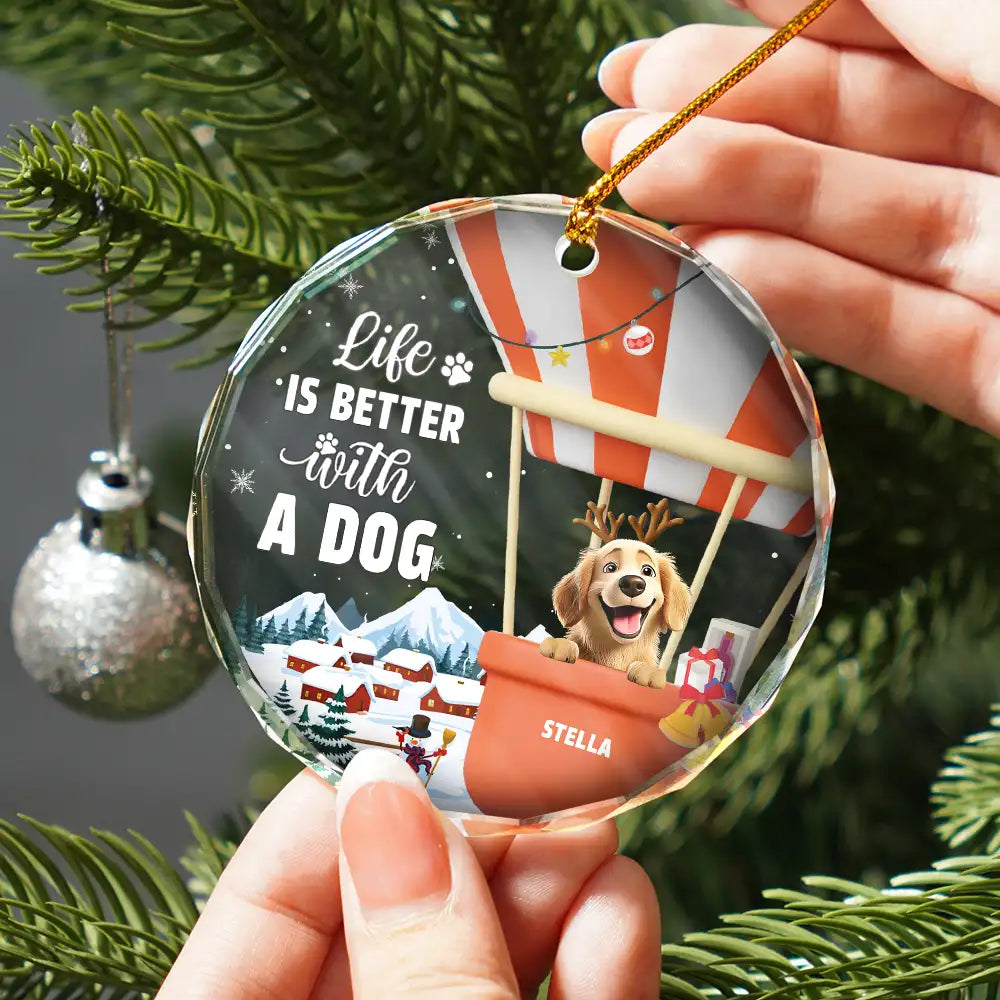 Pet Lovers, Pet Mom, Pet Dad, Pet Couple, Christmas, Happy - Life Is Better With A Dog Cat - Personalized Circle Glass Ornament