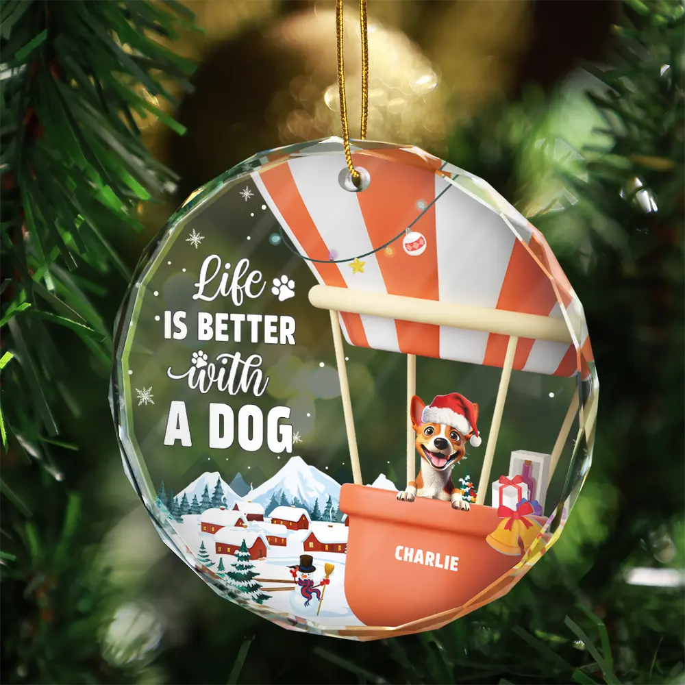Pet Lovers, Pet Mom, Pet Dad, Pet Couple, Christmas, Happy - Life Is Better With A Dog Cat - Personalized Circle Glass Ornament