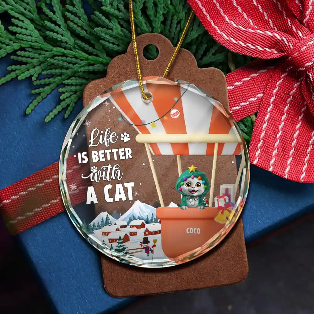 Pet Lovers, Pet Mom, Pet Dad, Pet Couple, Christmas, Happy - Life Is Better With A Dog Cat - Personalized Circle Glass Ornament
