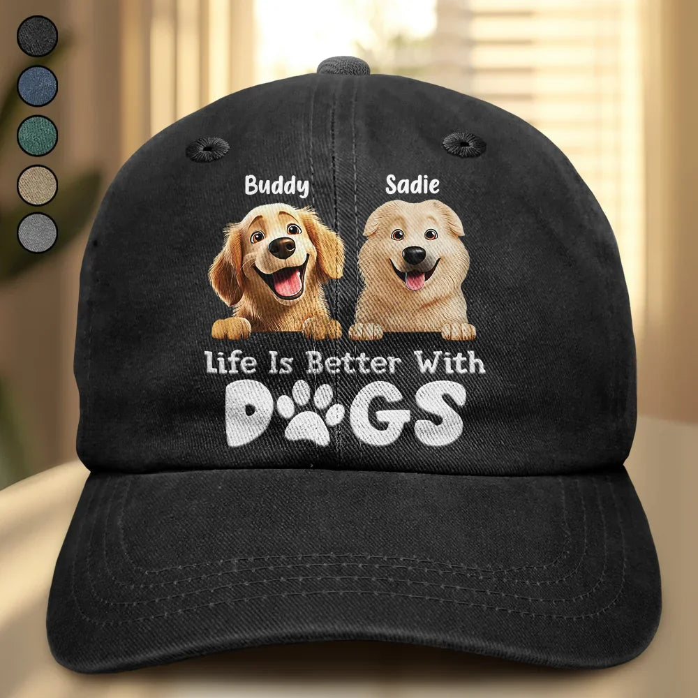 Happy,Dog Dad,Dog Mom,Dog Lovers,Pet Lovers - Life Is Better With Dogs - Personalized Vintage Washed Denim Cap
