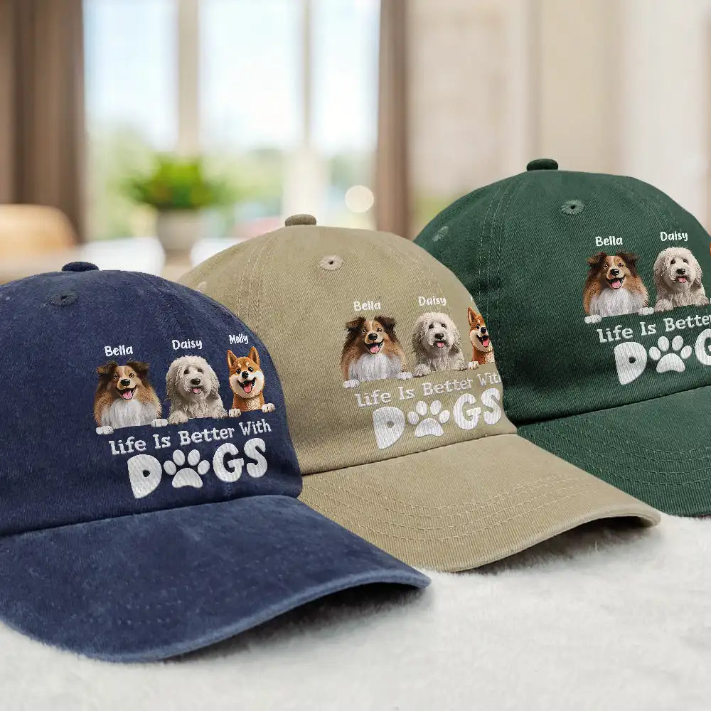 Happy,Dog Dad,Dog Mom,Dog Lovers,Pet Lovers - Life Is Better With Dogs - Personalized Vintage Washed Denim Cap