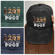 Happy,Dog Dad,Dog Mom,Dog Lovers,Pet Lovers - Life Is Better With Dogs - Personalized Vintage Washed Denim Cap