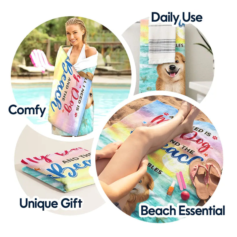 Beach,Summer,Pet Lovers,Pet Mom,Pet Dad,Dog Lovers,Dog Mom,Dog Dad,Happy - Life Is Better With Dogs 3D Effect - Personalized Beach Towel