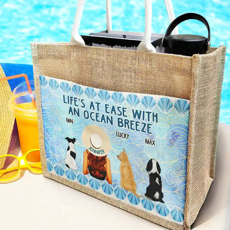 Pet Lovers,Summer,Beach,Gift For Women,Happy - Life's At Ease With An Ocean Breeze Dog Cat Lover - Personalized Jute Tote Bag