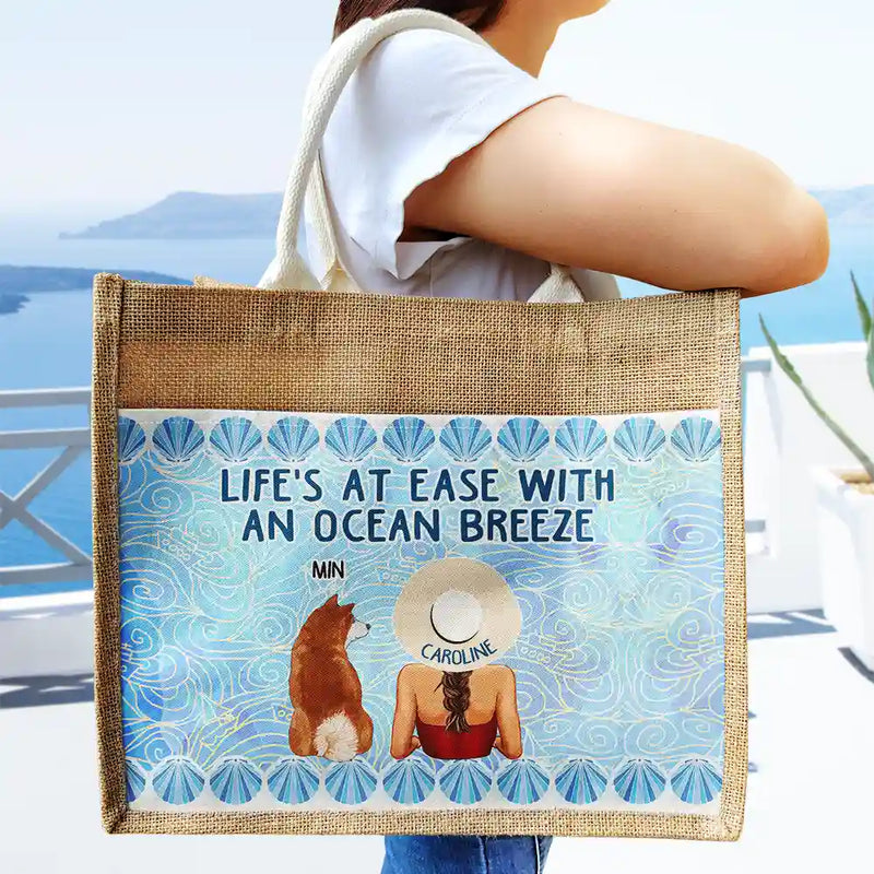 Pet Lovers,Summer,Beach,Gift For Women,Happy - Life's At Ease With An Ocean Breeze Dog Cat Lover - Personalized Jute Tote Bag