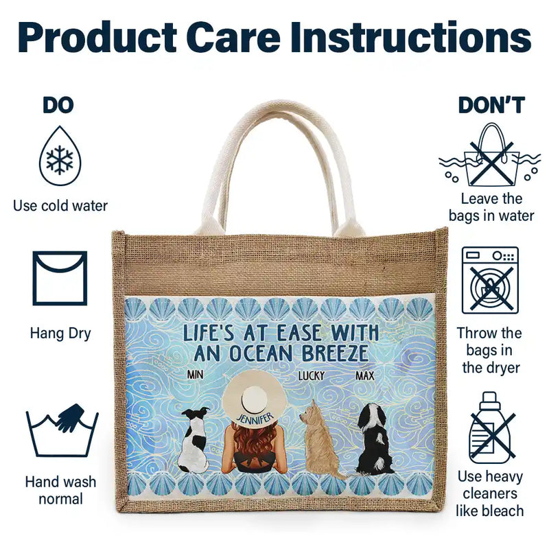 Pet Lovers,Summer,Beach,Gift For Women,Happy - Life's At Ease With An Ocean Breeze Dog Cat Lover - Personalized Jute Tote Bag