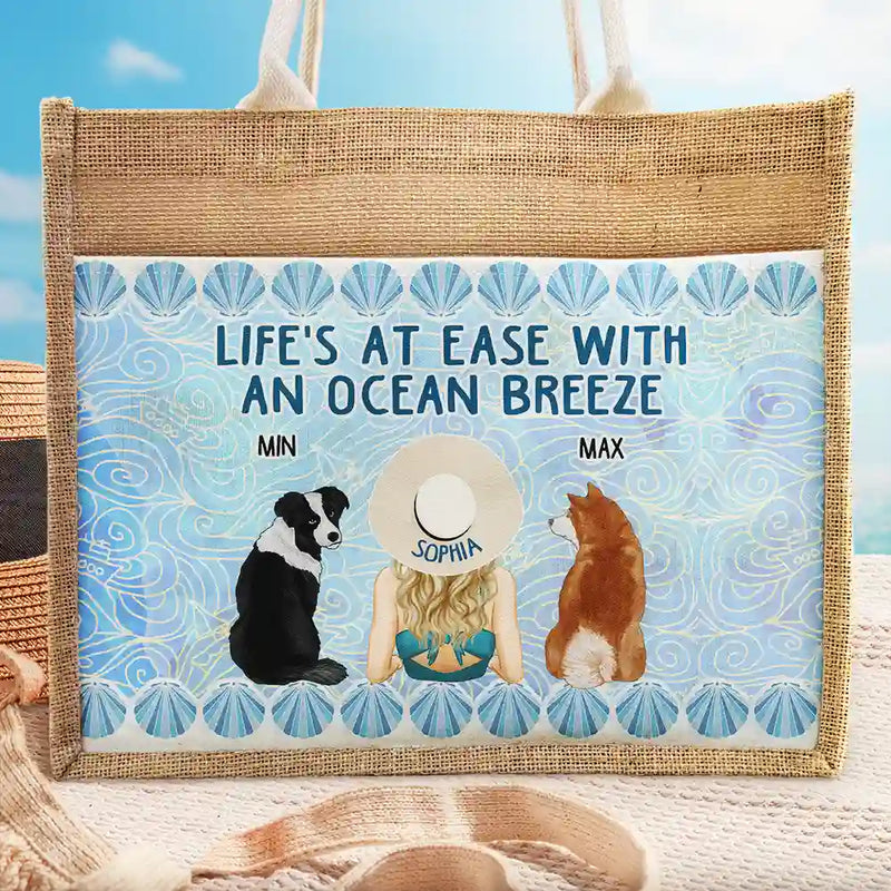 Pet Lovers,Summer,Beach,Gift For Women,Happy - Life's At Ease With An Ocean Breeze Dog Cat Lover - Personalized Jute Tote Bag