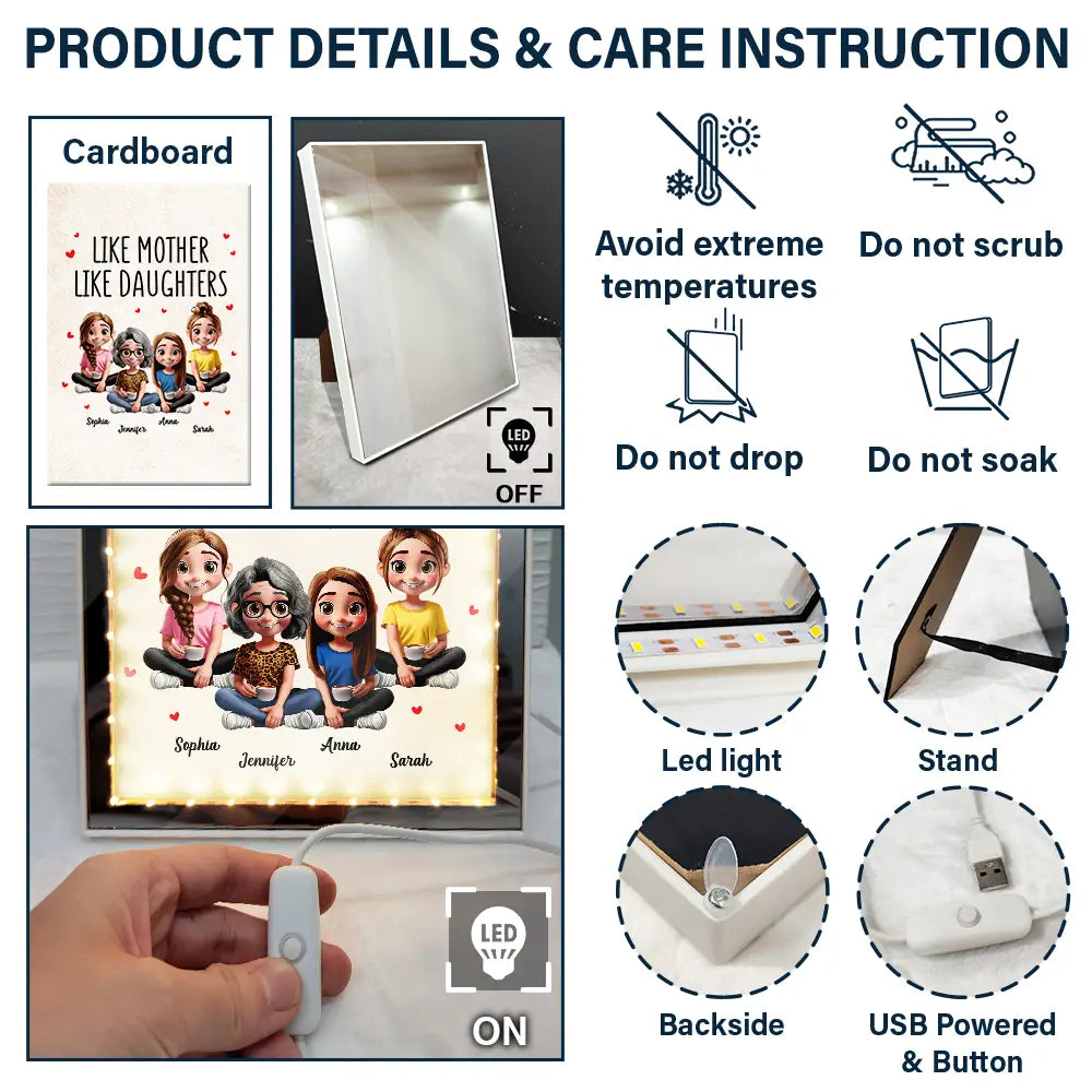 Mom,Daughters,Gift For Mother - Like Mother Like Daughter - Personalized LED Mirror Frame Lamp