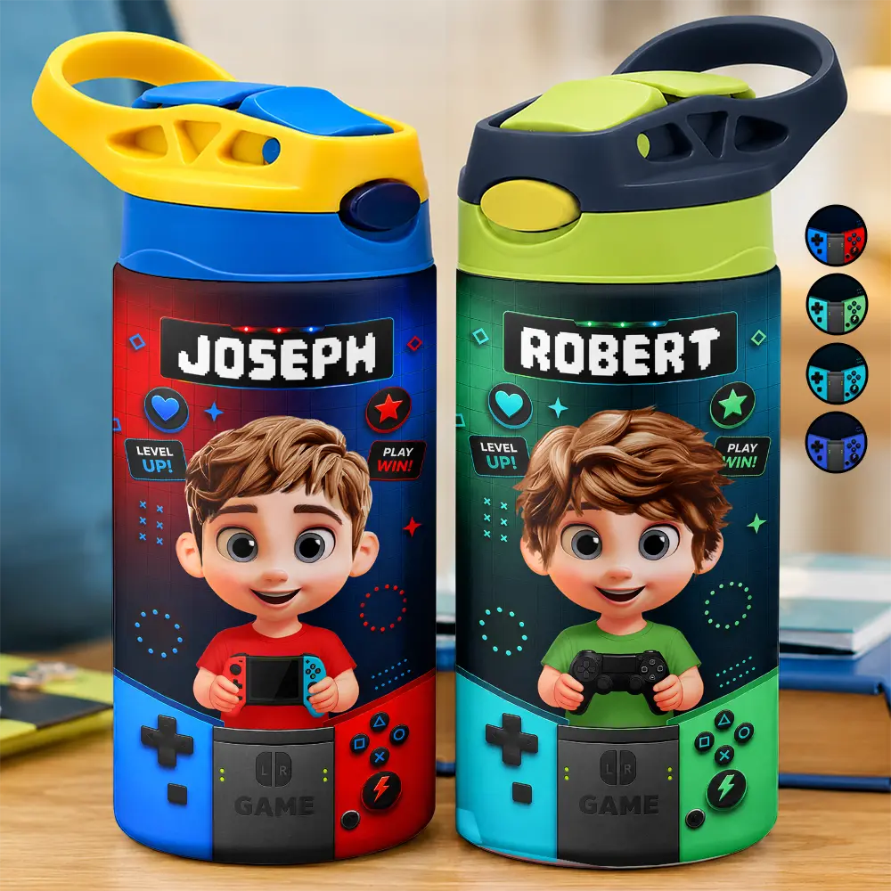 Little Boy Girl Playing Game - Personalized Insulated Water Bottle With Straw