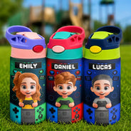 Playful,Back To School,Gift For Kids,Vector - Little Boy Girl Playing Game - Personalized Insulated Water Bottle With Straw