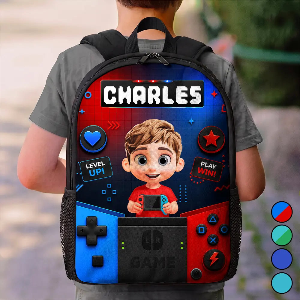 Adorable, Back To School, Gaming, Gift For Kids, Vector - Little Boy Girl Playing Game - Personalized Kids Backpack