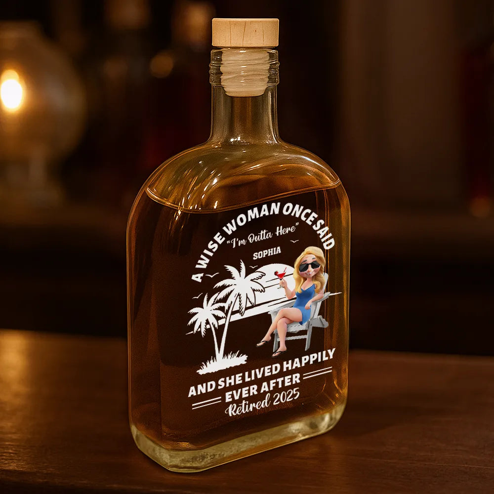 Retirement, Funny - Lived Happily Ever Retired - Personalized Whiskey Bottle