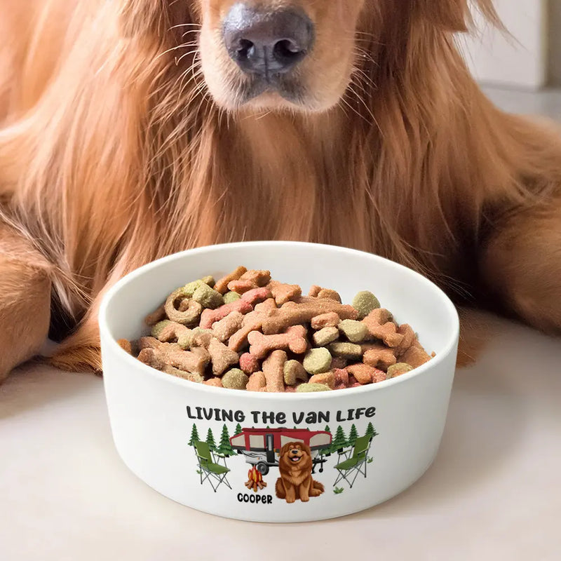 Funny,Dog Lovers,Dog Mom,Dog Dad,Camping,Campsite - Living The Van Life - Personalized Pet Bowl