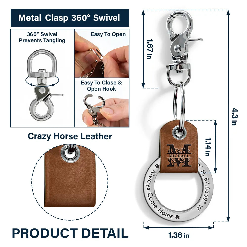 Gift For Yourself,Gift For Father,Gift For Mother,Gift For Brothers,Gift For Sisters,Gift For Son,Gift For Daughter,Family,Long Distance,Happy - Location Coordinates Always Come Home - Personalized Leather Coordinates Keychain