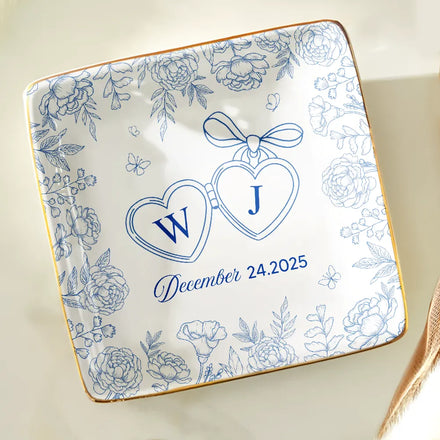 Locked Ring Dish Toile Pattern Couple - Personalized Ring Dish