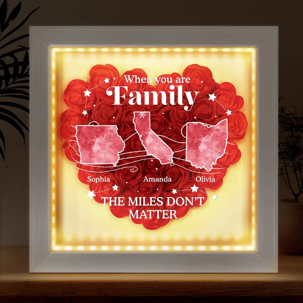 Long Distance,Gift For Mother,Mom,Children - Long Distance State The Miles Don't Matte - Personalized LED Light Flower Shadow Box