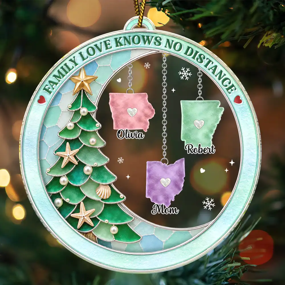 Top Market,Sentimental,Christmas,Long Distance,Family,Icon - Long Distance Family Love Knows No Distance Sea Glass Effect - Personalized Custom Shaped Acrylic Ornament