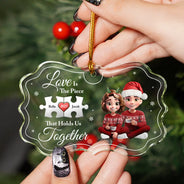 Gift For Couples, Old Couples, Gift For Women, Gift For Men, Gift For Husband, Gift For Wife, Love, Christmas, Gift For Boyfriend, Gift For Girlfriend - Love Is The Piece That Holds Us Together - Personalized Medallion Glass Ornament