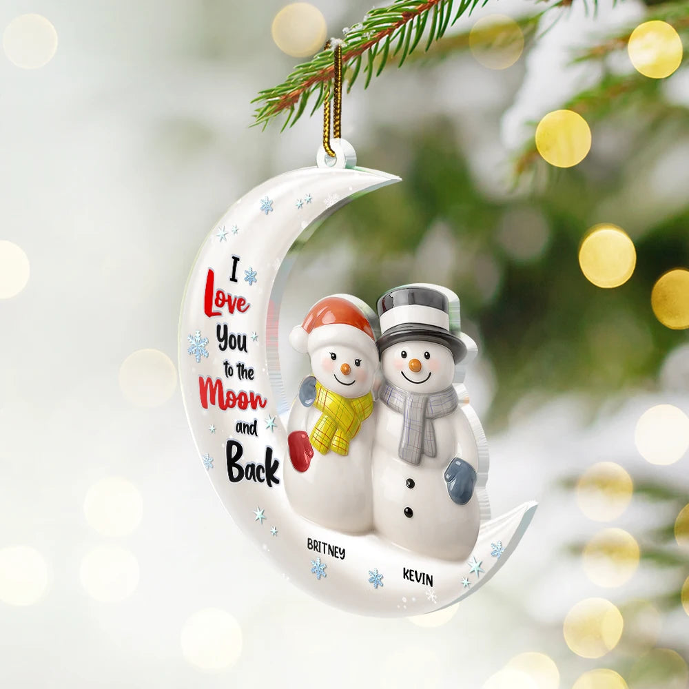 Christmas,Gift For Couples,Love - Love You To The Moon Couple Snowman Ceramic Effect - Personalized Custom Shaped Acrylic Ornament