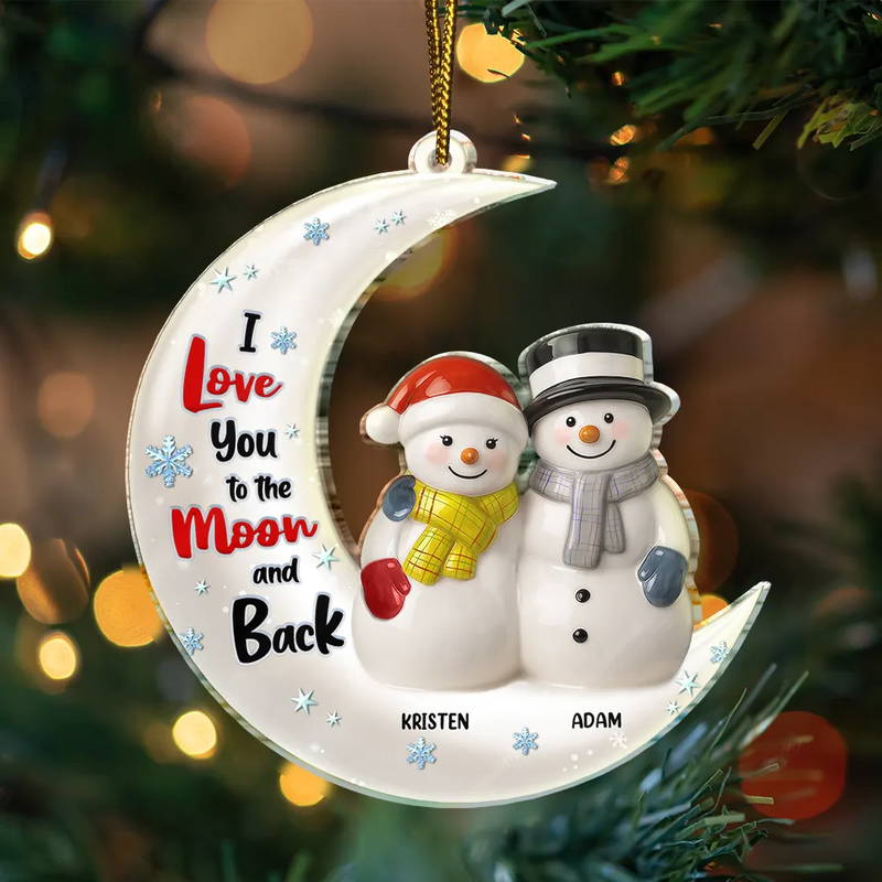 Christmas,Gift For Couples,Love - Love You To The Moon Couple Snowman Ceramic Effect - Personalized Custom Shaped Acrylic Ornament