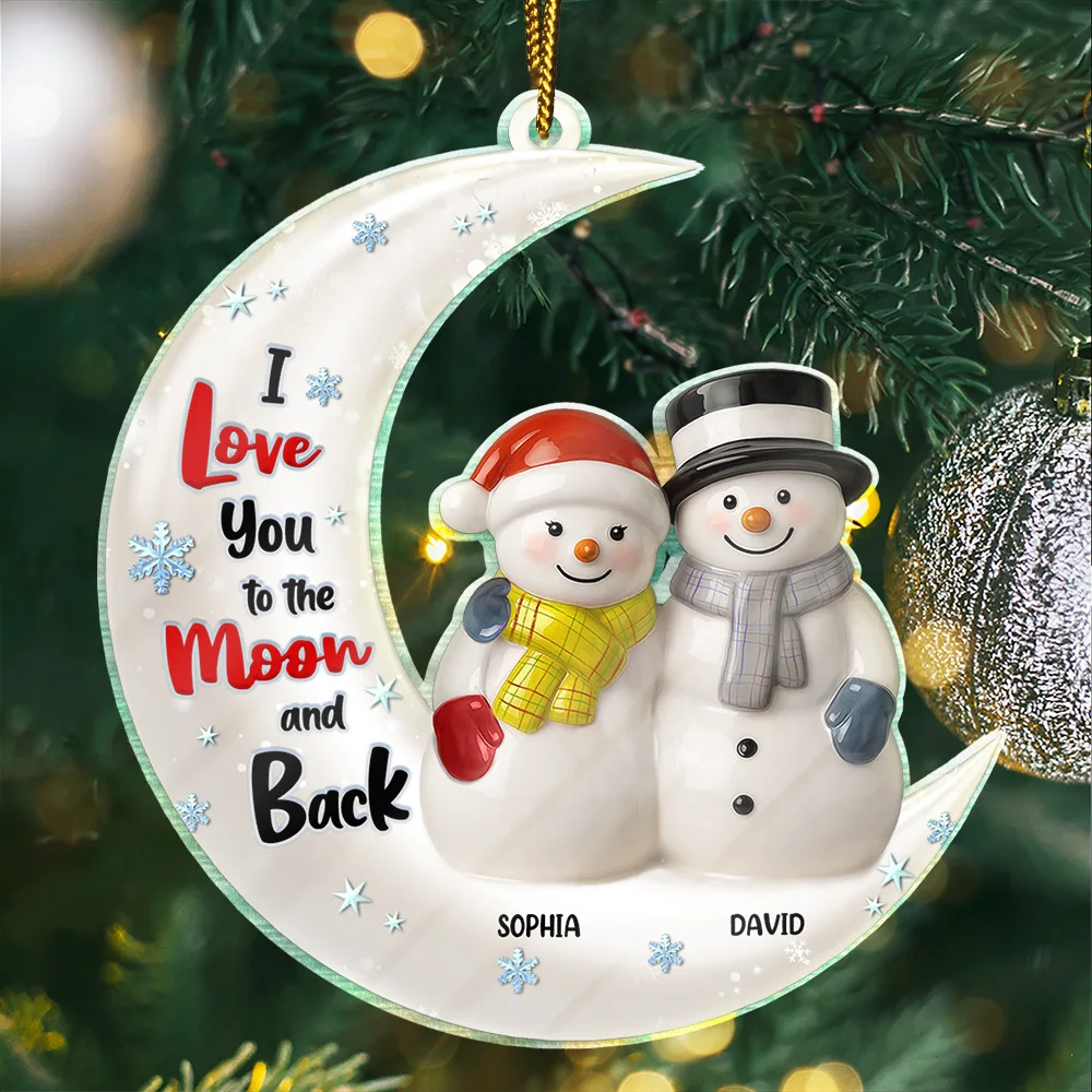 Love You To The Moon Couple Snowman Ceramic Effect - Personalized Custom Shaped Acrylic Ornament