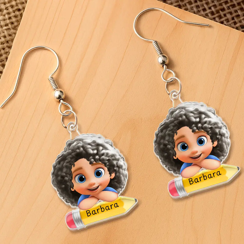 Gift For Kids,Back To School,Love - Lovely Kid On The Pencil - Personalized Acrylic Earrings