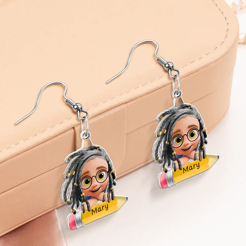 Gift For Kids,Back To School,Love - Lovely Kid On The Pencil - Personalized Acrylic Earrings