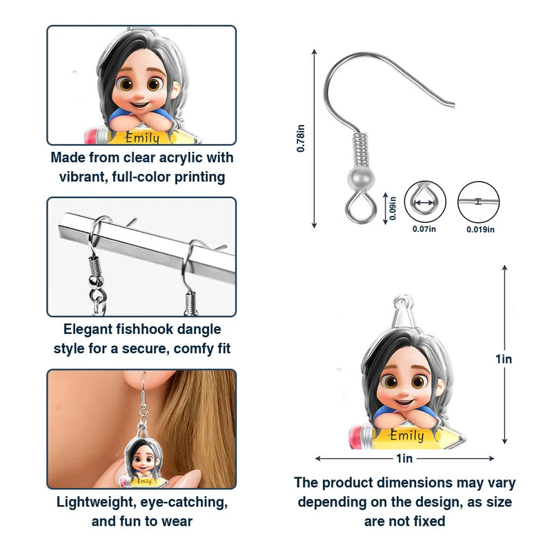 Gift For Kids,Back To School,Love - Lovely Kid On The Pencil - Personalized Acrylic Earrings