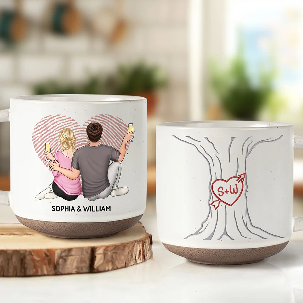 Loving Couple Carved Initials Heart Tree - Personalized Pottery Mug