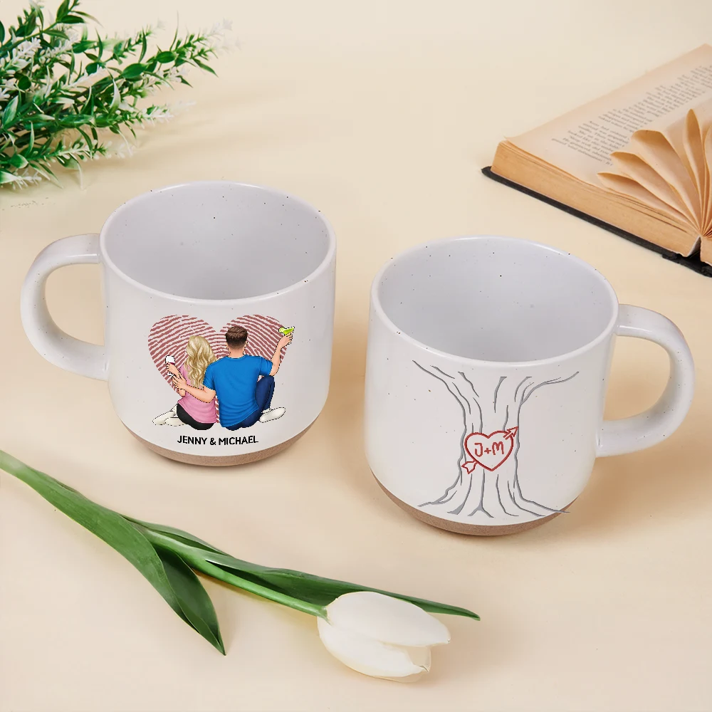 Gift For Couples,Gift For Wife,Gift For Husband,Gift For Boyfriend,Gift For Girlfriend,Love - Loving Couple Carved Initials Heart Tree - Personalized Pottery Mug