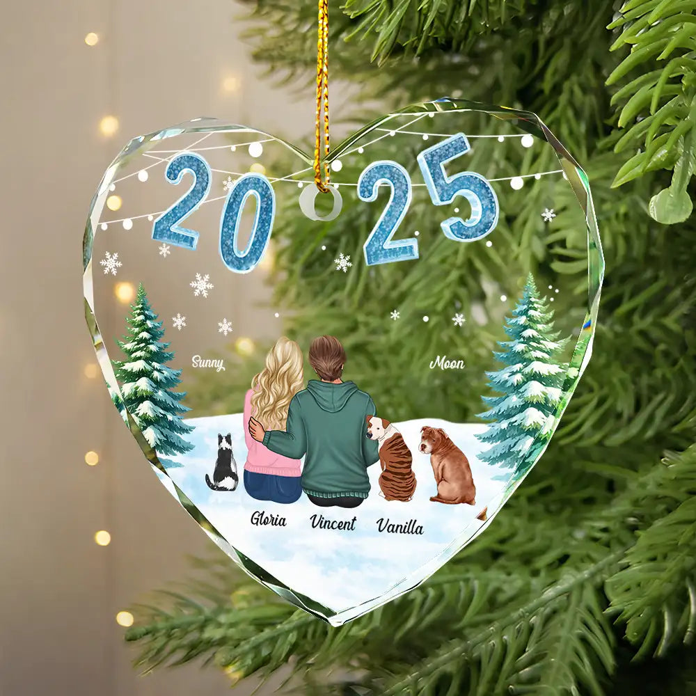 Love,Gift For Couples,Gift For Husband,Gift For Wife,Christmas,Pet Couple,Pet Lovers,Dog Lovers,Cat Lovers - Loving Couple Dog Cat - Personalized Heart Shaped Glass Ornament