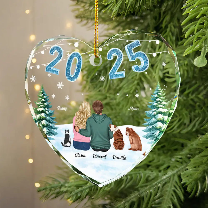 Love,Gift For Couples,Gift For Husband,Gift For Wife,Christmas,Pet Couple,Pet Lovers,Dog Lovers,Cat Lovers - Loving Couple Dog Cat - Personalized Heart Shaped Glass Ornament