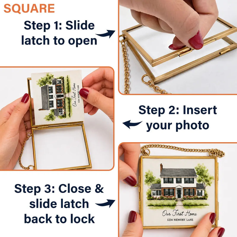 Art Design,Christmas,Family,Photo - Watercolor - With BG,Happy - Custom Photo Watercolor Painting Our First Home - Personalized Metal Frame Ornament