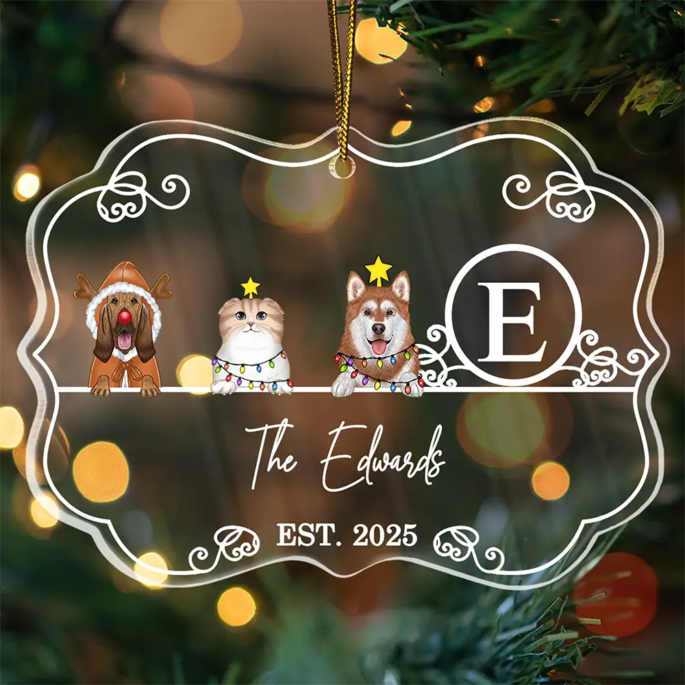 Pet Lovers,Happy,Christmas - Monogram Family Name Dog Cat Pet Christmas - Personalized Medallion Acrylic Ornament